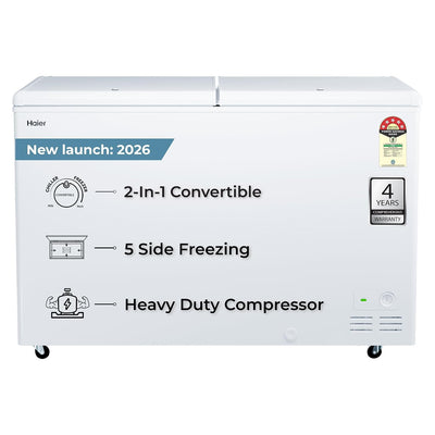 Haier HFC-500DPW5, 5 Star (2026 Star Rating) Double Door Convertible Deep Freezer, 5 Side Freezing, Dual Condenser, Inside Metal Liner with 70mm Puff Thickness (White 439L)