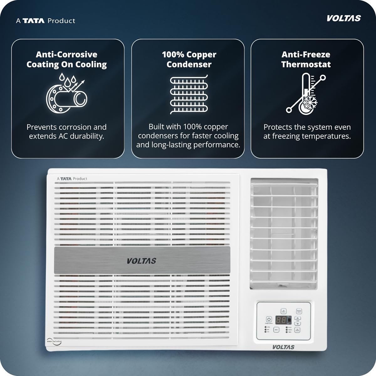Voltas 1.5 ton 3 Star Inverter Window AC (Copper, 2-in-1 Cooling Modes, Anti-Dust Filter, 2-Way Swing, Memory Restart, Sleep Mode (183INV PEARL, White)