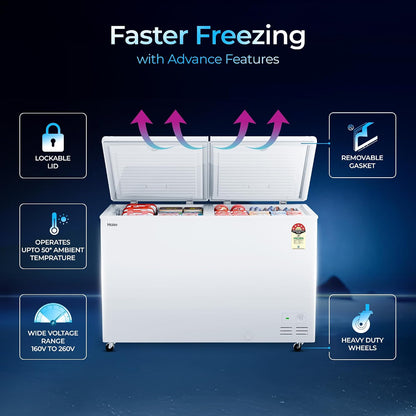 Haier HFC-500DPW5, 5 Star (2026 Star Rating) Double Door Convertible Deep Freezer, 5 Side Freezing, Dual Condenser, Inside Metal Liner with 70mm Puff Thickness (White 439L)