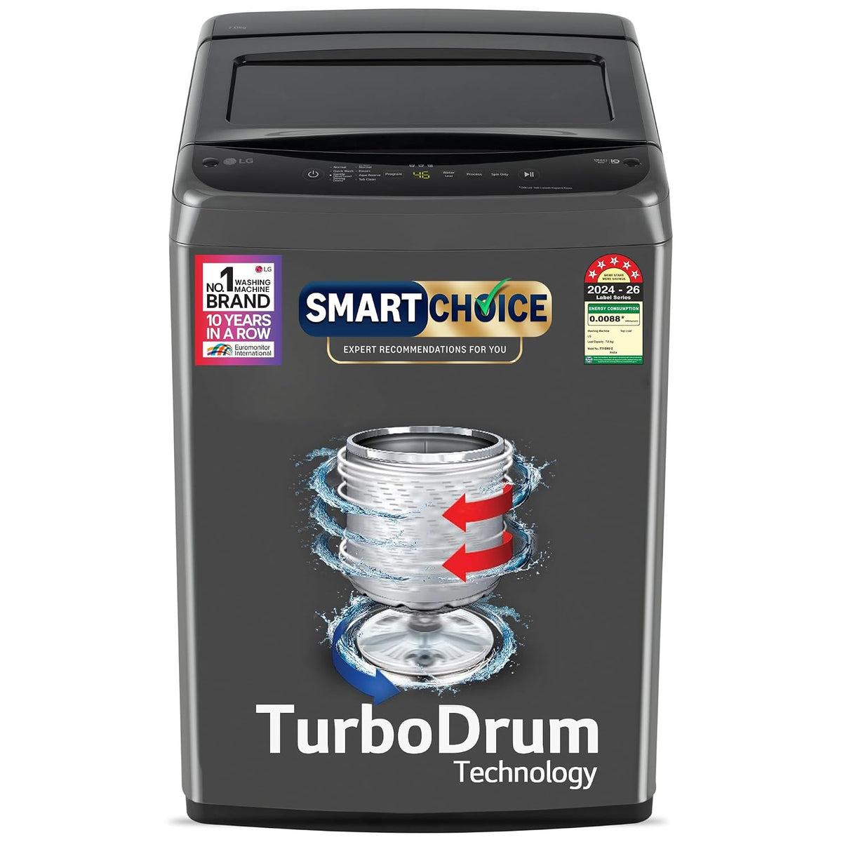 LG 7 Kg 5 Star Smart Inverter Technology Fully Automatic Top Load Washing Machine (T70VBMB1Z, Auto Prewash, Turbodrum, Stainless Steel drum, LED Display, Smart Diagnosis Middle Black)