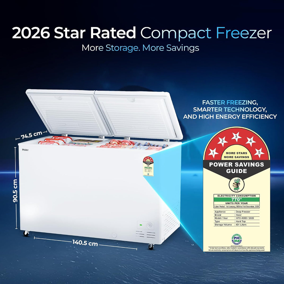 Haier HFC-500DPW5, 5 Star (2026 Star Rating) Double Door Convertible Deep Freezer, 5 Side Freezing, Dual Condenser, Inside Metal Liner with 70mm Puff Thickness (White 439L)