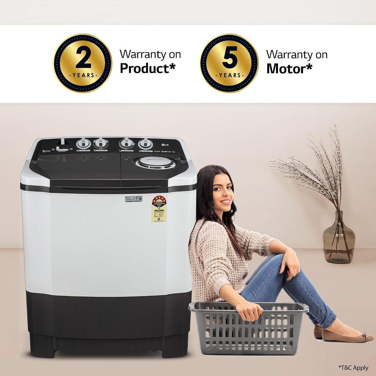 LG 7.5 kg 5 Star Wind jet dry Semi-Automatic Top Load Washing Machine (P7510RGAZ, Dark Gray, Roller Jet Pulsator)