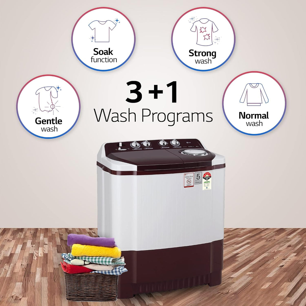 LG 8.5 kg 5 स्टार सेमी-ऑटोमैटिक टॉप लोड वॉशिंग मशीन (P8530SRAZ, बरगंडी, रोलर जेट पल्सेटर)