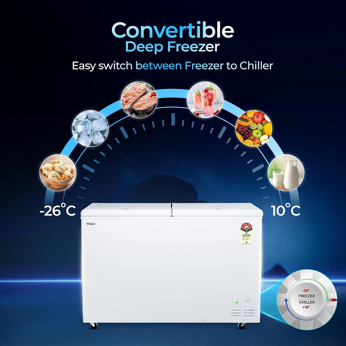 Haier HFC-500DPW5, 5 Star (2026 Star Rating) Double Door Convertible Deep Freezer, 5 Side Freezing, Dual Condenser, Inside Metal Liner with 70mm Puff Thickness (White 439L)