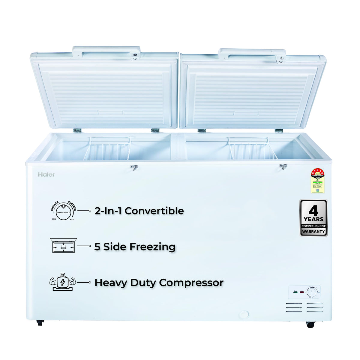 Haier HFC-500DPW5, 5 Star (2026 Star Rating) Double Door Convertible Deep Freezer, 5 Side Freezing, Dual Condenser, Inside Metal Liner with 70mm Puff Thickness (White 439L)