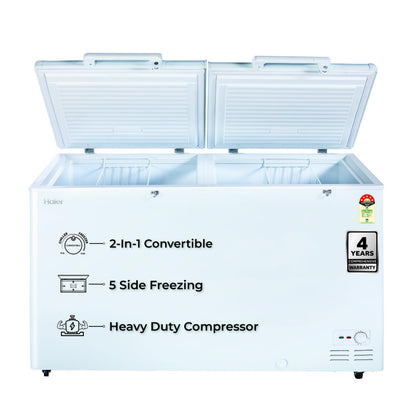 Haier HFC-500DPW5, 5 Star (2026 Star Rating) Double Door Convertible Deep Freezer, 5 Side Freezing, Dual Condenser, Inside Metal Liner with 70mm Puff Thickness (White 439L)