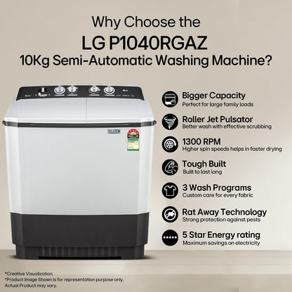 LG 10 Kg, 5 Star, Roller Jet Pulsator, Semi-Automatic Top Loading Washing Machine (P1040RGAZ, Dark Gray, Better wash with effective scrubbing, Rat Away Feature, 5 Year Motor Warranty)