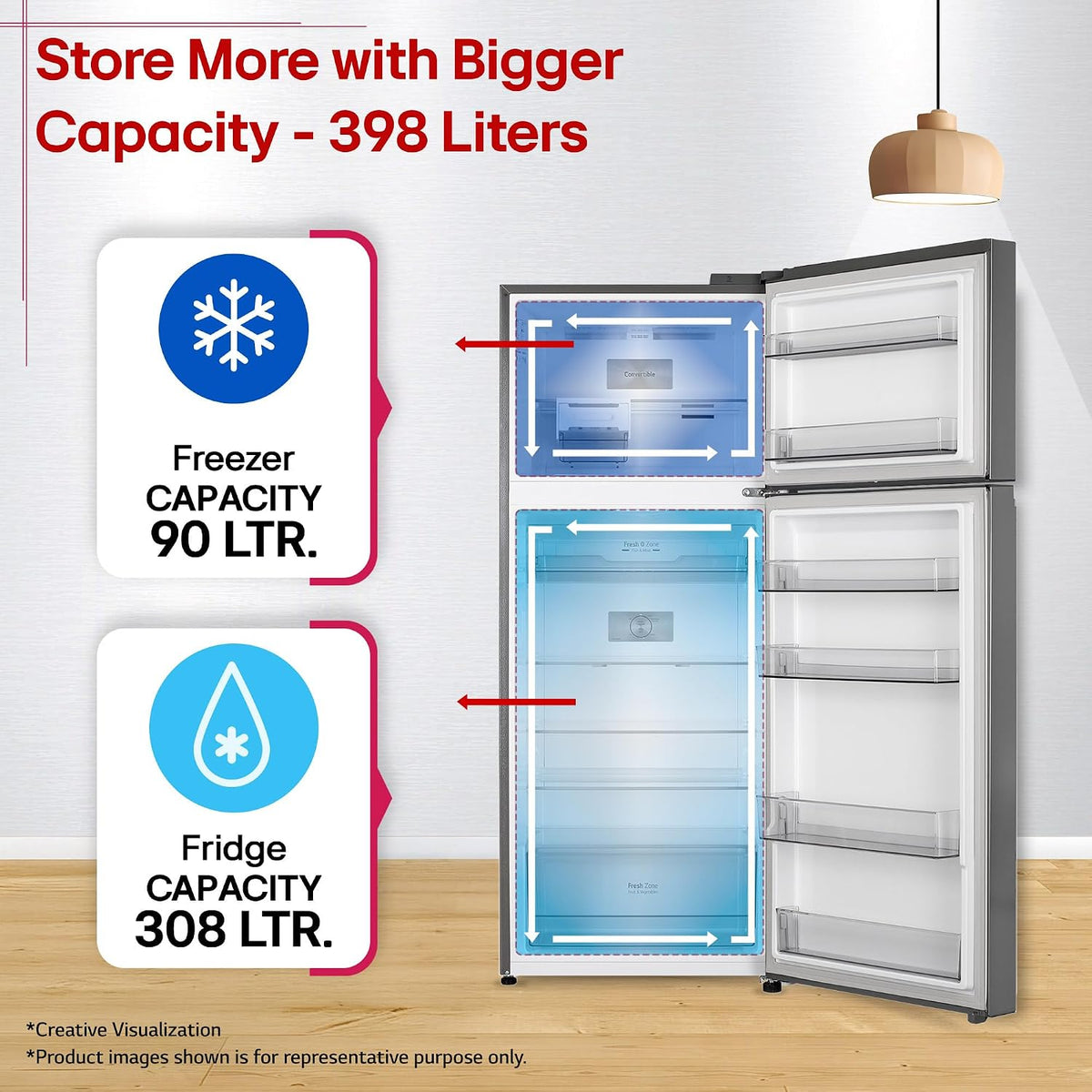 LG 398 L, 3 Star, Convertible, Smart Inverter, Frost-Free Double Door, Wi-Fi Enabled Refrigerator (GLT4036SNPZ, Shiny Steel, Multi Air Flow Cooling with Express Freeze, Smart Diagnosis & Deodorizer)