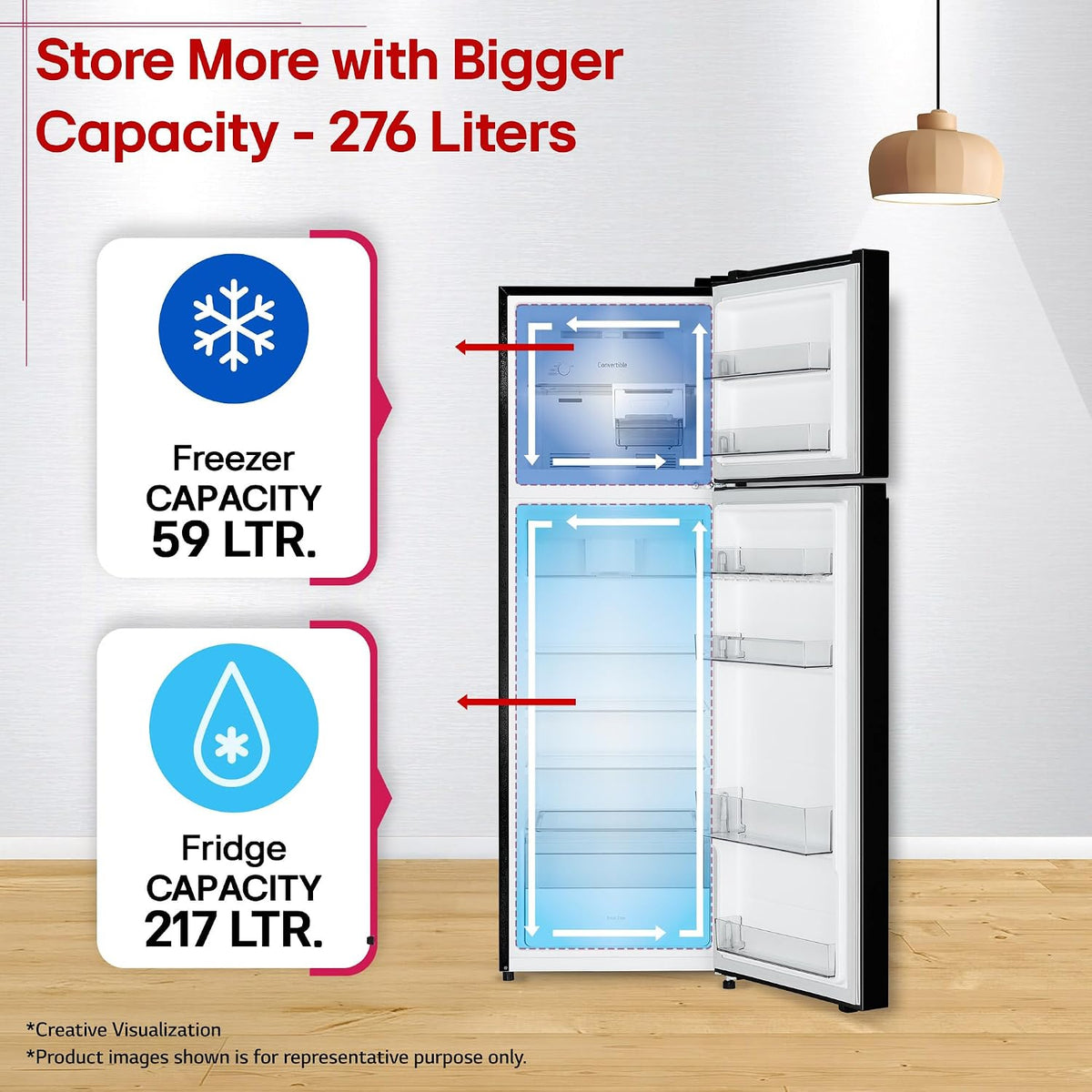 LG 276 L, 2 Star, Smart Inverter, Smart & Dairy Mode, Frost-Free Double Door Convertible Refrigerator (GLT2826XWOB, Onyx Black, Multi Air Flow & Convertible Space for More Storage, 2026 Model)