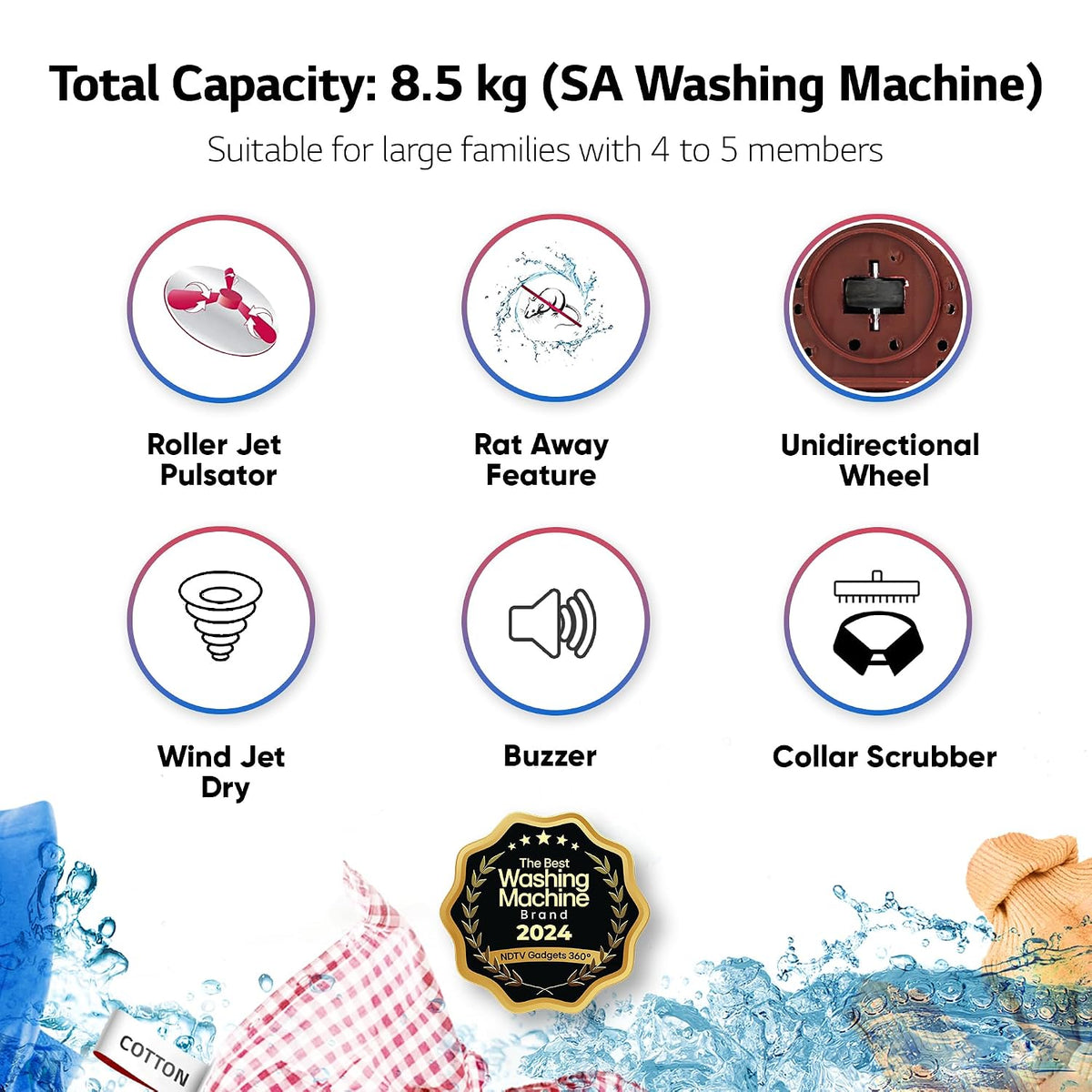 LG 8.5 kg 5 स्टार सेमी-ऑटोमैटिक टॉप लोड वॉशिंग मशीन (P8530SRAZ, बरगंडी, रोलर जेट पल्सेटर)