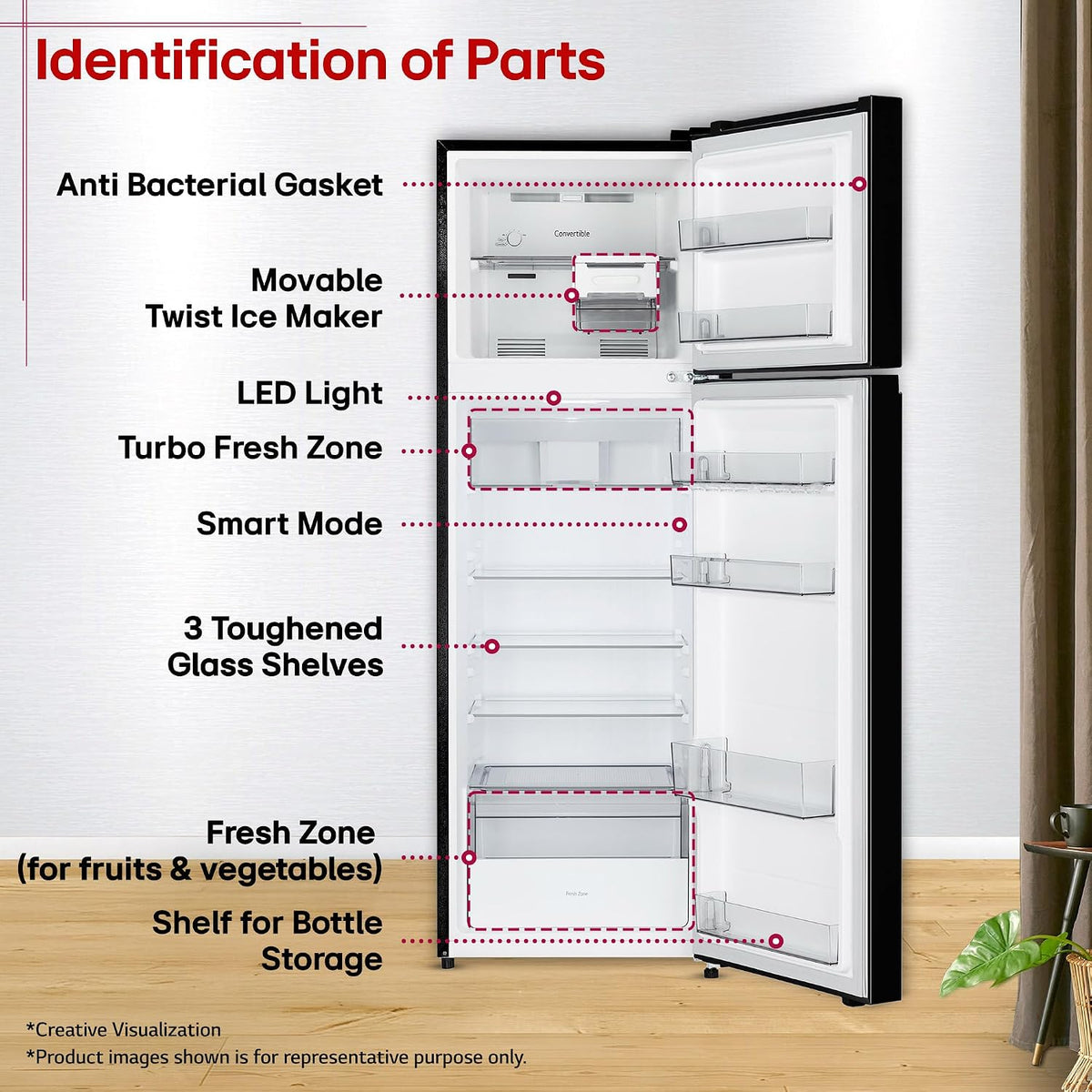 LG 276 L, 2 Star, Smart Inverter, Smart & Dairy Mode, Frost-Free Double Door Convertible Refrigerator (GLT2826XWOB, Onyx Black, Multi Air Flow & Convertible Space for More Storage, 2026 Model)
