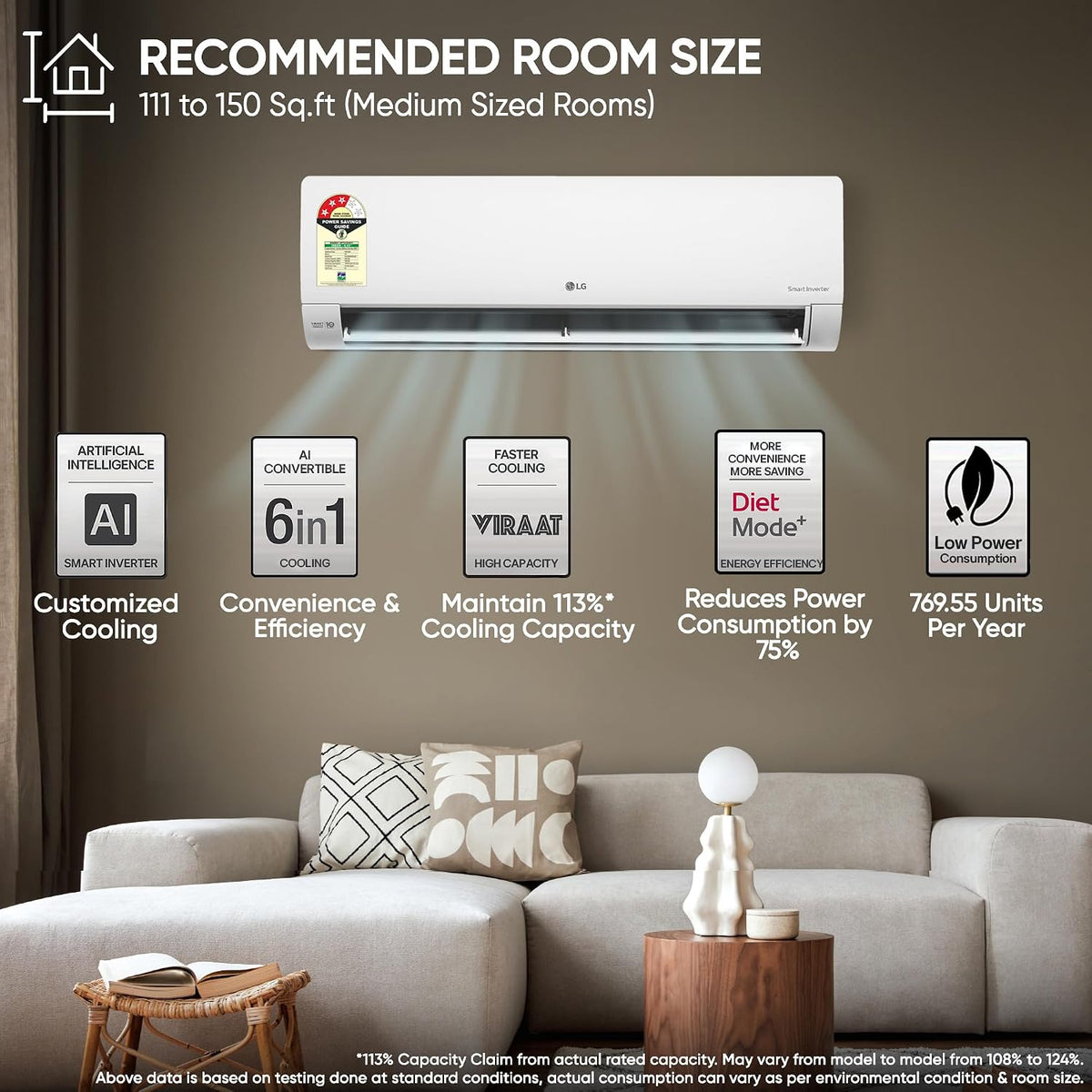 LG 1.5 Ton 3 Star, Smart Inverter Split AC (100% Copper Condenser, AI Convertible 6-in-1, Faster Cooling & Energy Saving, Diet Mode+, HD Filter with Anti-Virus Protection,Him Clean, AS-Q18JNXE,White)