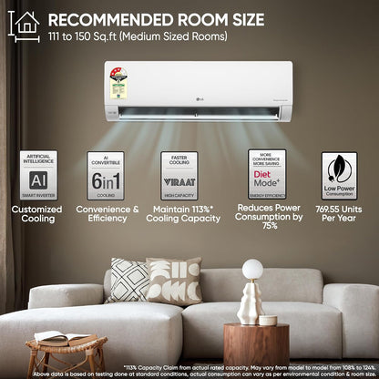 LG 1.5 Ton 3 Star, Smart Inverter Split AC (100% Copper Condenser, AI Convertible 6-in-1, Faster Cooling & Energy Saving, Diet Mode+, HD Filter with Anti-Virus Protection,Him Clean, AS-Q18JNXE,White)