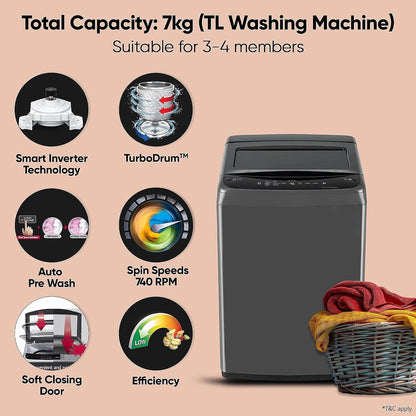 LG 7 Kg 5 Star Smart Inverter Technology Fully Automatic Top Load Washing Machine (T70VBMB1Z, Auto Prewash, Turbodrum, Stainless Steel drum, LED Display, Smart Diagnosis Middle Black)