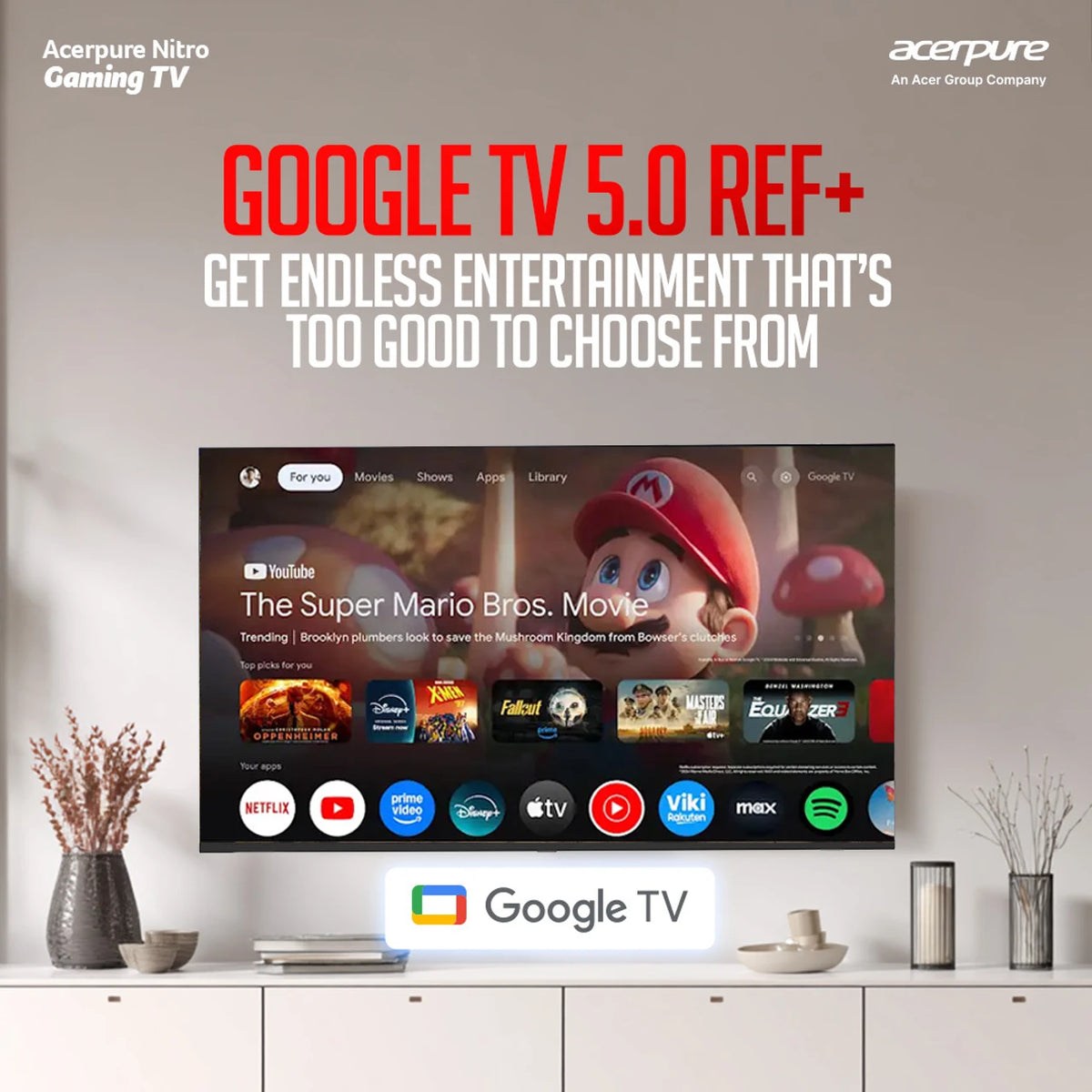 acerpure Nitro 139 cm (55 inch) QLED Ultra HD (4K) Smart Google TV with 120 Hz GTV 5.0 |Android 14 |Dolby Vision & Dolby Atmos|50W Sound|Tuner|Wi-Fi Direct|ALLM |VRR|MEMC|Karaoke|AI|Gaming |Wall Mount (AP55UG75PNTO5)