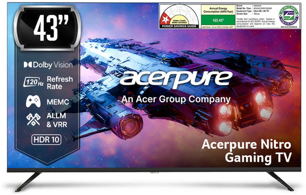 acerpure Nitro 108 cm (43 inch) QLED Ultra HD (4K) Smart Google TV with 120 Hz GTV 5.0 |Android 14 |Dolby Vision & Dolby Atmos|40W Sound|Tuner|Wi-Fi Direct|ALLM |VRR|MEMC|Karaoke|AI|Gaming |Wall Mount (AP43UG75PNTO5)