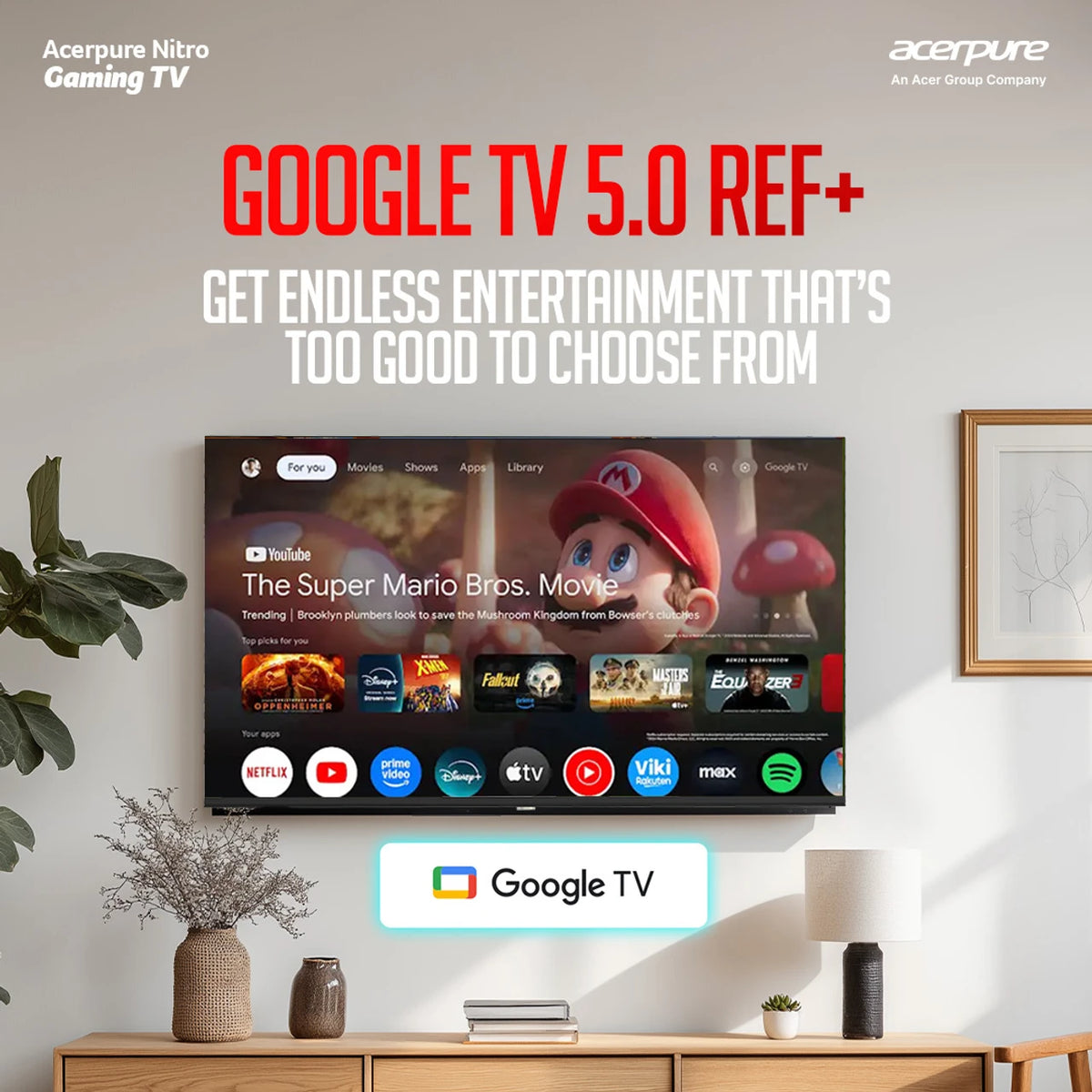 acerpure Nitro 108 cm (43 inch) QLED Ultra HD (4K) Smart Google TV with 120 Hz GTV 5.0 |Android 14 |Dolby Vision & Dolby Atmos|40W Sound|Tuner|Wi-Fi Direct|ALLM |VRR|MEMC|Karaoke|AI|Gaming |Wall Mount (AP43UG75PNTO5)